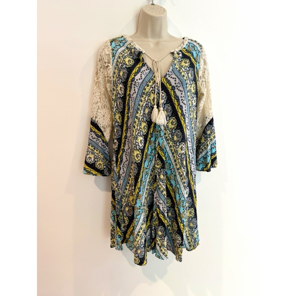 Umgee Tunic Mini Dress Sz S Babydoll Lace Bell Sleeve Blue Boho Peasant Flowy - Picture 4 of 8